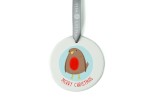 White ceramic christmas tree decoration with the image of a cute robin